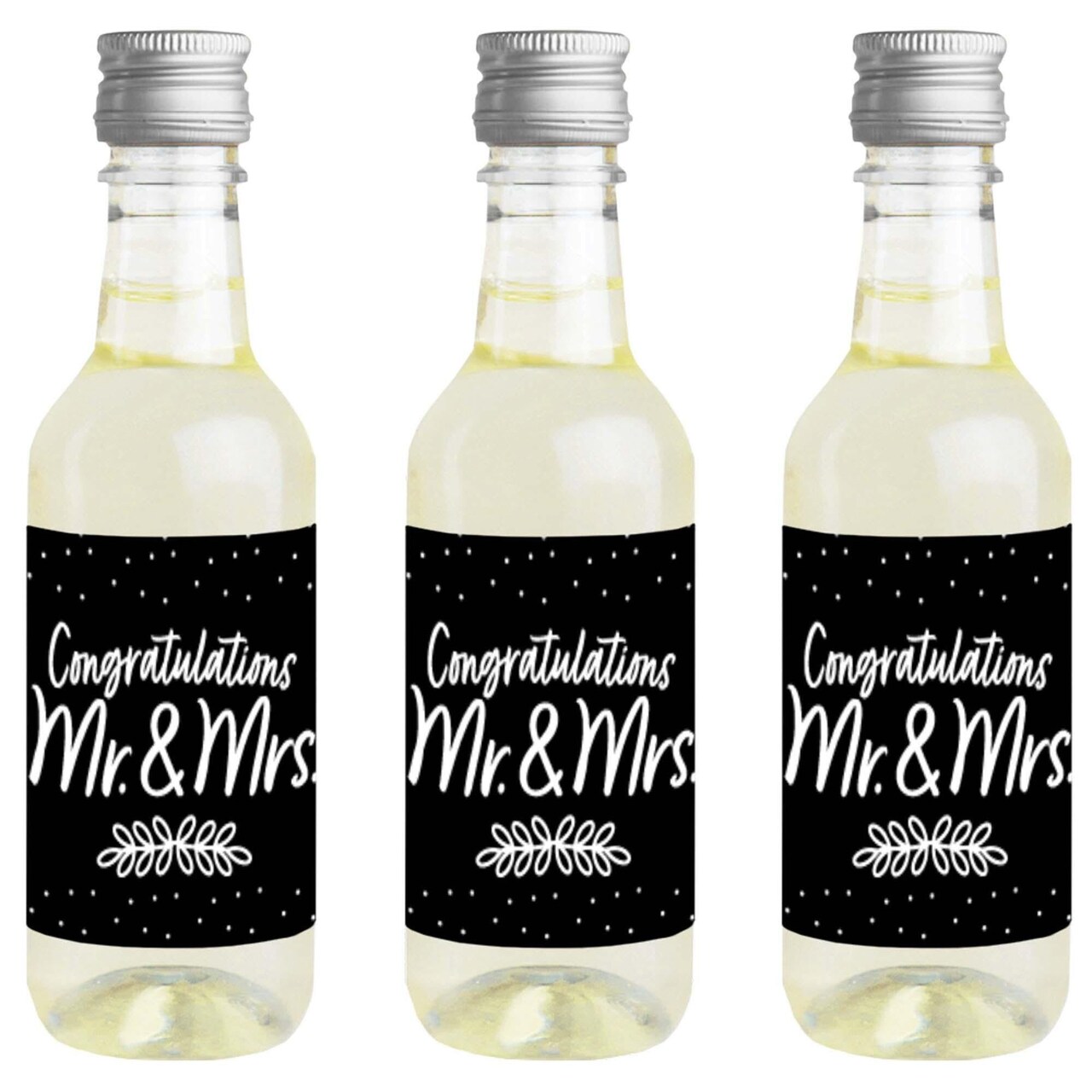 Big Dot of Happiness Mr. and Mrs. - Mini Wine & Champagne Bottle Label Stickers - Black and White Wedding or Bridal Shower Favor Gift - Set of 16